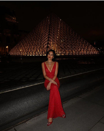 Sexy Red Sheath V Neck Beaded Tulle Long Prom Dress Party Dress HZ1023